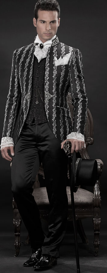 ONGala 529 - Giacca uomo in tessuto broccato nero con passamaneria e pantalone nero