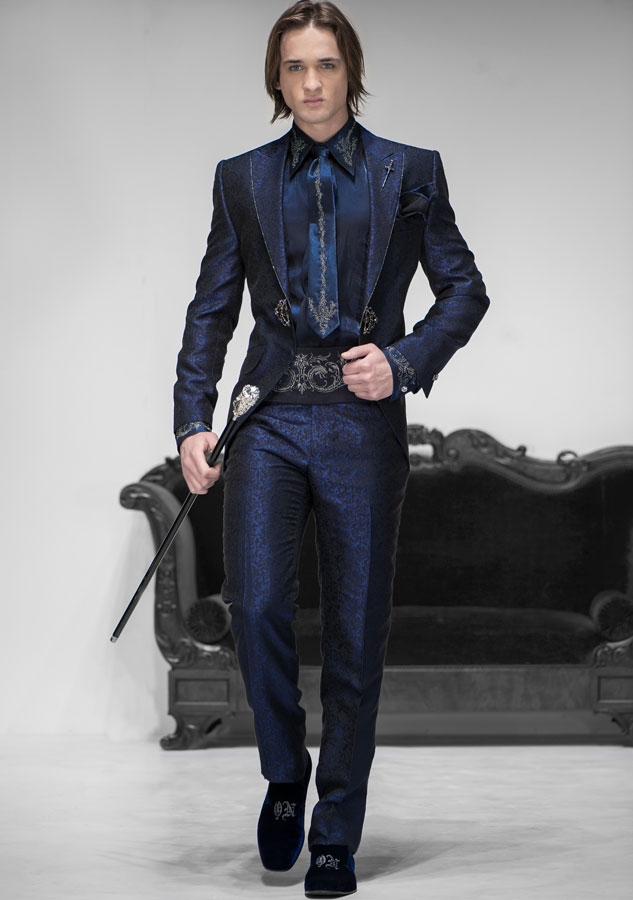 ONGala 436 - Abito da cerimonia broccato blu con strass su rever
