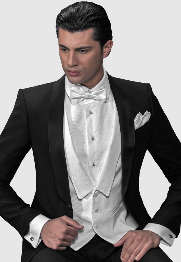 ONGala 200 - Smoking da sposo Sciallato nero con gilet collo sciallato bianco