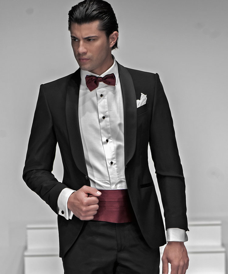 ONGala 538 - Tuxedo in lana nero con fascia e papillon bordeaux