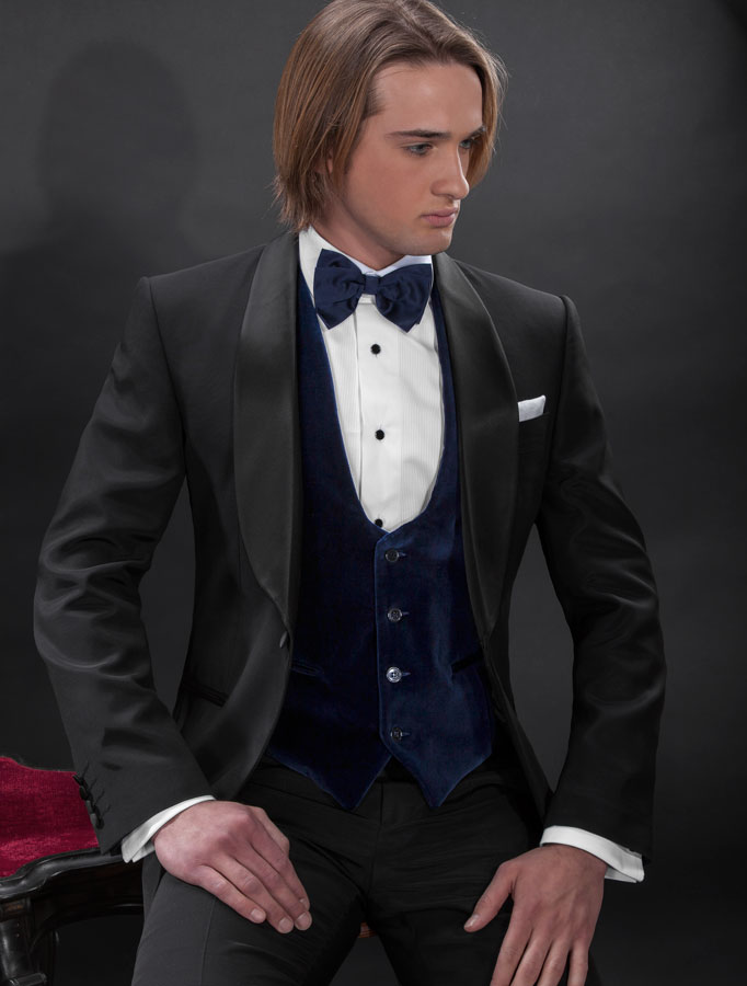 ONGala 688 - Smoking da sposo Sciallato nero con gilet in velluto blu