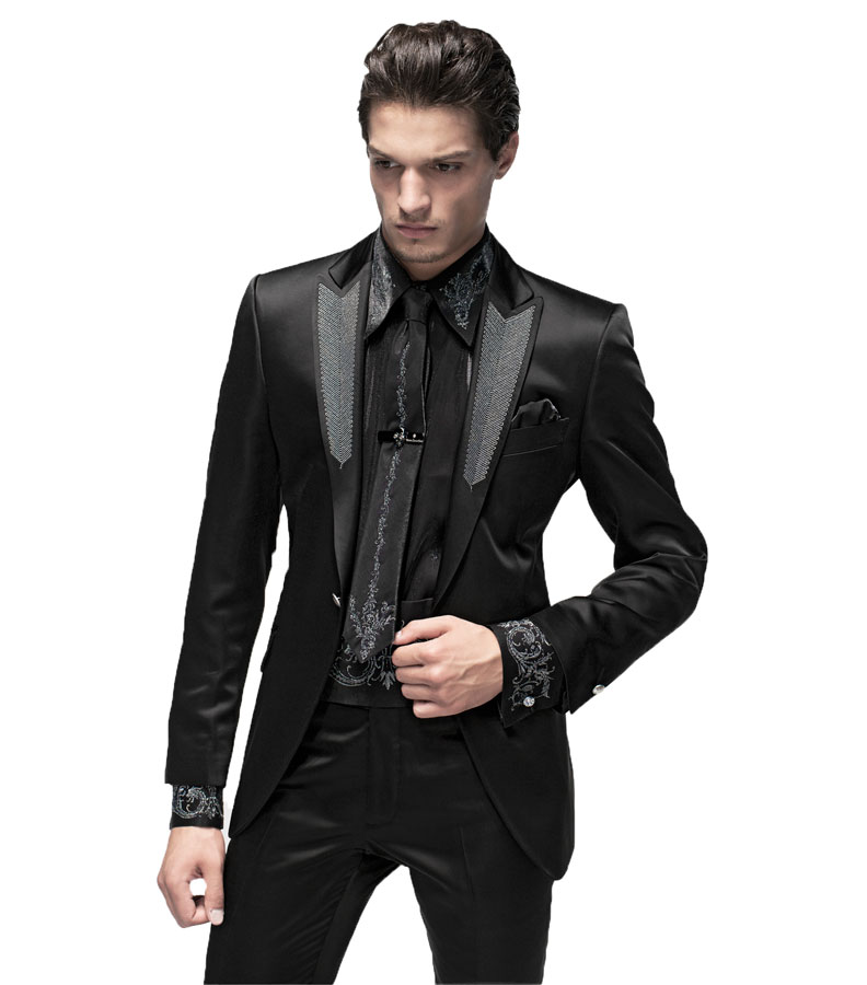 ONGala 697 - Abito Moda in raso nero con ricamo Argento