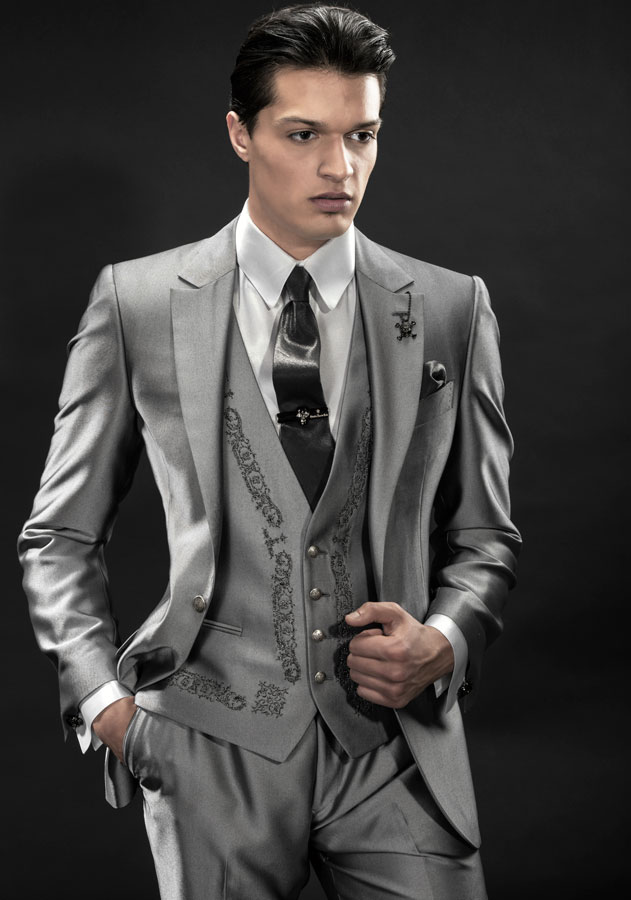 ONGala 415 - Abito da sposo grigio con gilet ricamato Grigio Argento