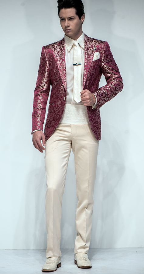 ONGala 497 - Giacca uomo seta jacquard fondo fucsia motivo oro