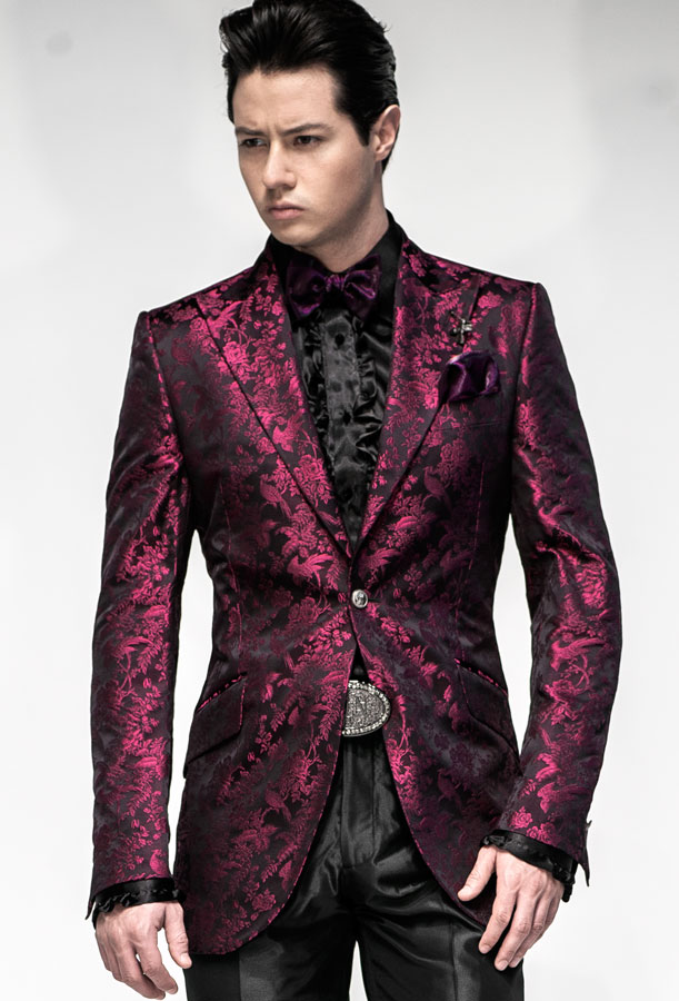 ONGala 499 - Giacca uomo seta jacquard fondo nero motivo fucsia