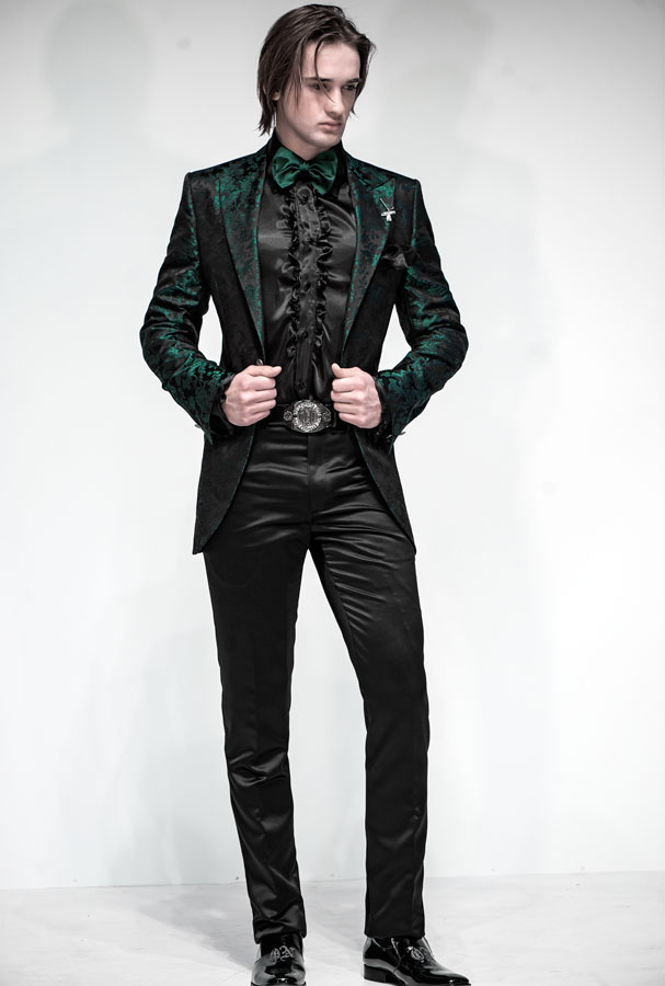 ONGala 500 - Giacca uomo seta jacquard fondo nero motivo verde