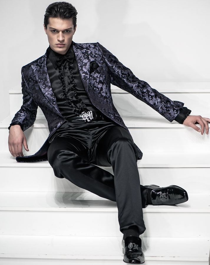 ONGala 501 - Giacca uomo seta jacquard fondo nero motivo perla