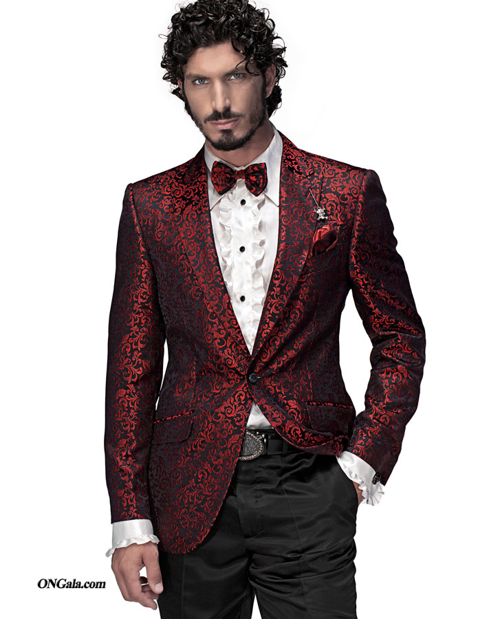 ONGala 701 - Abito da cerimonia uomo con giacca in seta jacquard fondo nero motivo rosso