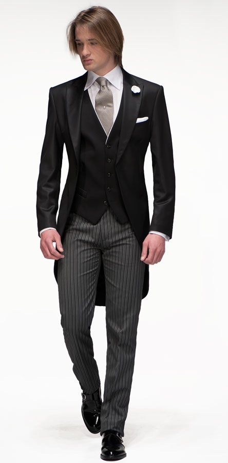 ONGala 103 - Giacca Tight nera in satin di pura lana con gilet nero e pantalone rigato