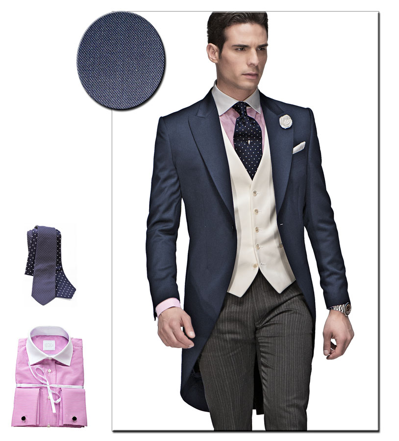 ONGala 319 - Tight con giacca blu, pantalone rigato e gilet in raso avorio