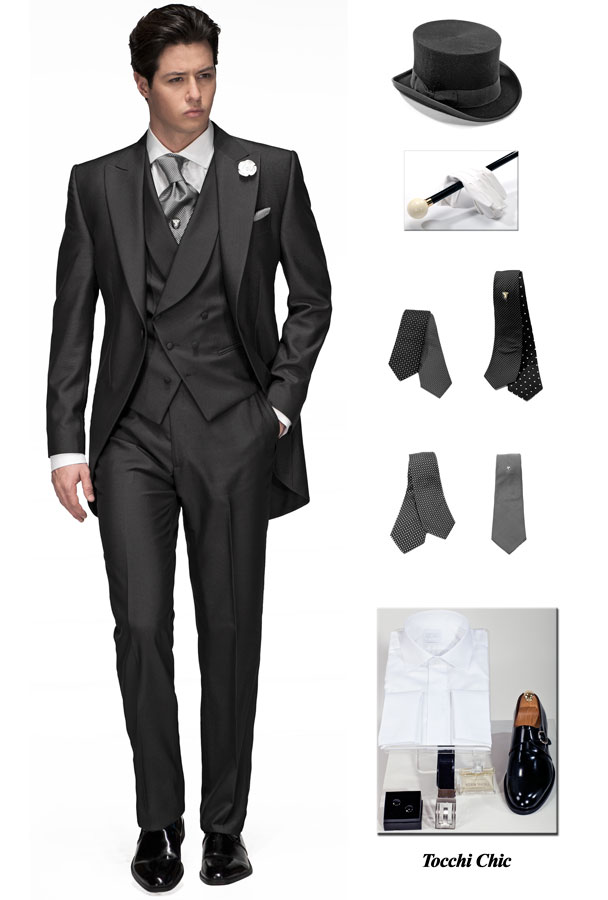 ONGala 359 - Abito Sposo Redingote misto viscosa grigio scuro e gilet asimmetrico