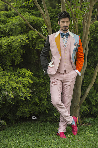 ONGala 1026 - Abito sposo con giacca patchwork in lino celeste