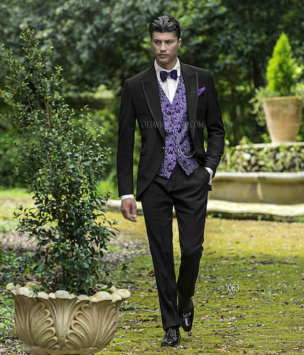 ONGala 1063 - Abito sposo in acetato lana nero con gilet damascato nero e viola