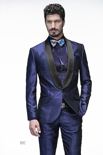 ONGala 1092 - Smoking da sposo in shantung blu royal con rever a contrasto neri
