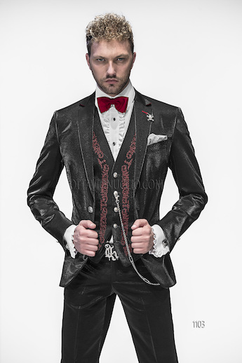ONGala 1103 - Abito nero lucido da sposo con gilet ricamato rosso