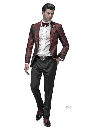 ONGala 1147 - Abito sposo uomo con giacca jacquard nero rosso
