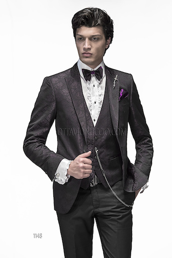 ONGala 1148 - Abito sposo con giacca jacquard nero - viola
