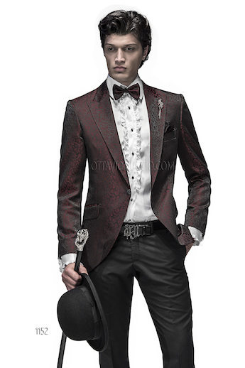 ONGala 1152 - Abito sposo con giacca jacquard nero rosso