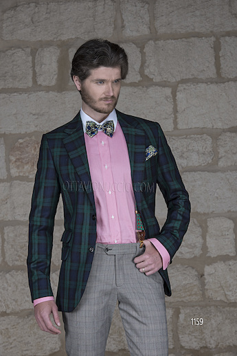 ONGala 1159 - Abito sposo con giacca tessuto Tartan lana verde - blu