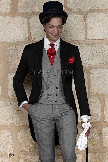ONGala 1199 - Tight nero raso in pura lana con pantalone e gilet Principe di Galles