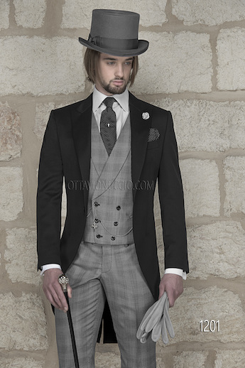 ONGala 1201 - Tight nero in satin di pura lana con pantalone e gilet Principe di Galles