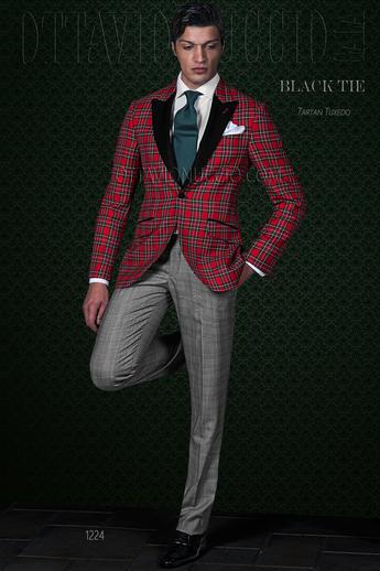 ONGala 1224 - Abito da cerimonia uomo tartan rosso con pantalone in Principe di Galles
