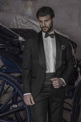 ONGala 1229 - Tuxedo in lana nero con fascia bicolore