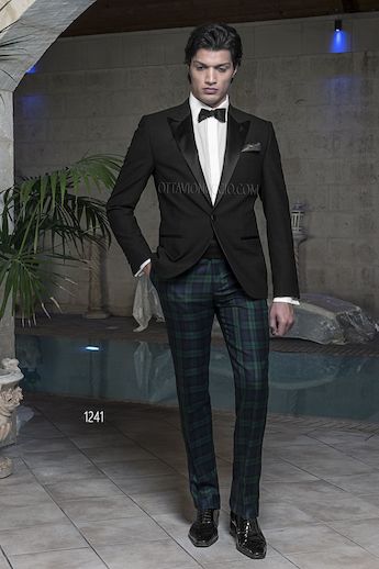 ONGala 1241 - Dinner Jacket nero lana quadri madras con pantalone Tartan