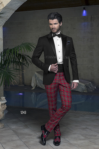 ONGala 1243 - Dinner Jacket nero in lana con pantalone Tartan