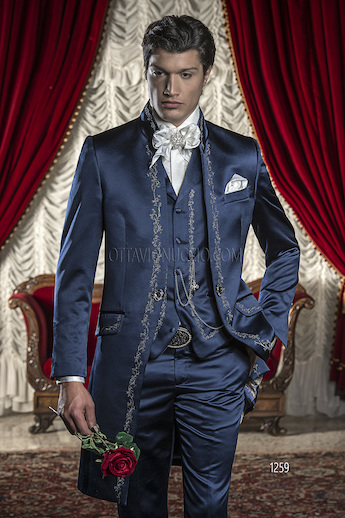 ONGala 1259 - Abito sposo in raso blu con ricamo nero e argento