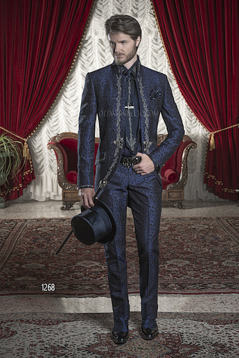 ONGala 1268 - Abito da sposo uomo broccato blu con ricamo nero e argento