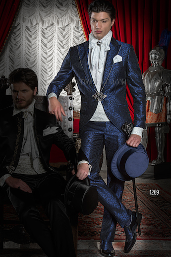 ONGala 1269 - Abito da cerimonia uomo broccato blu rever con strass