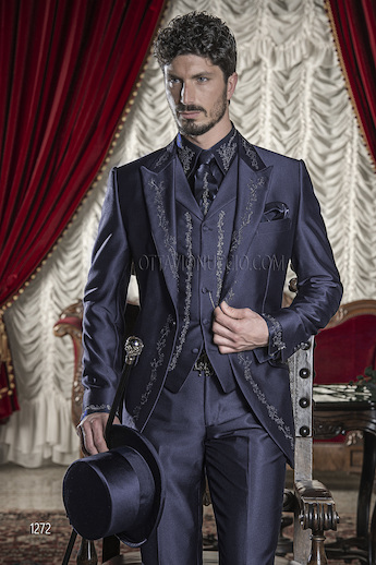 ONGala 1272 - Abito blu da cerimonia uomo con ricamo nero e argento