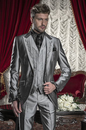 ONGala 1273 - Abito sposo grigio con ricamo nero e argento