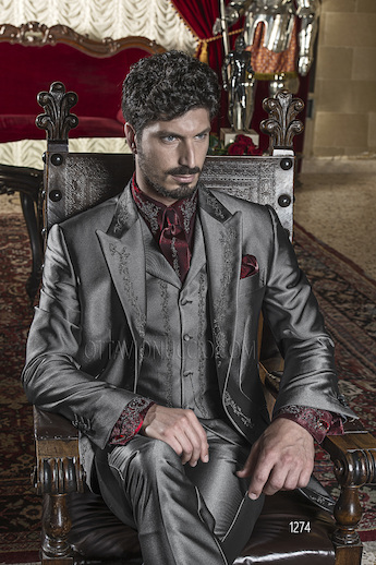 ONGala 1274 - Abito sposo grigio scuro con ricamo nero e argento