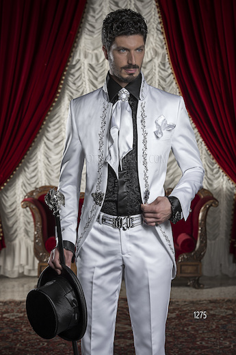ONGala 1275 - Abito da sposo uomo in raso bianco con ricamo nero