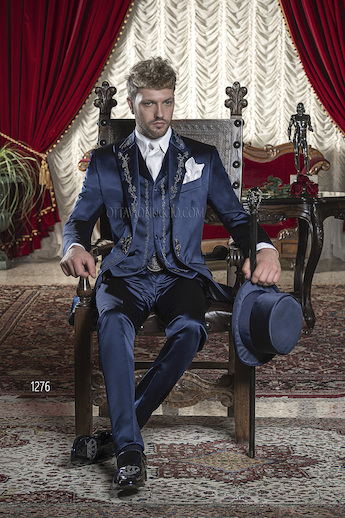 ONGala 1276 - Abito da cerimonia uomo in raso blu ricamato nero argento