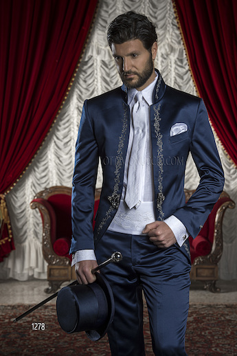 ONGala 1278 - Abito sposo in raso blu ricamato nero e argento