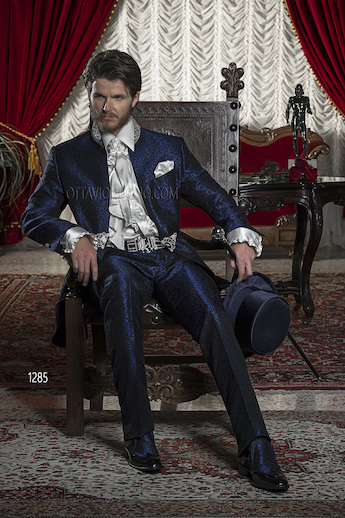 ONGala 1285 - Abito da sposo uomo damascato blu con passamaneria