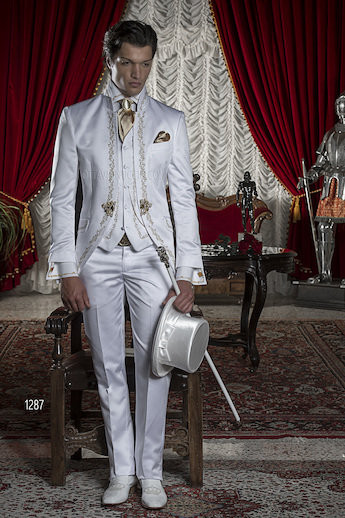 ONGala 1287 - Abito da cerimonia uomo in raso bianco ricamato oro