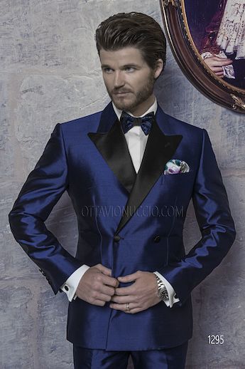 ONGala 1295 - Abito doppiopetto da sposo uomo in shantung blu royal