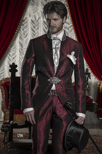 ONGala 1296 - Abito sposo damascato bordeaux con passamaneria