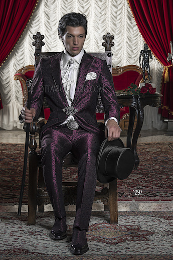ONGala 1297 - Abito sposo broccato viola con strass su rever