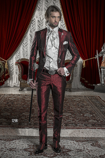 ONGala 1298 - Abito sposo broccato rosso con strass su rever