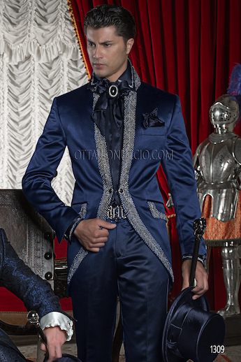 ONGala 1309 - Abito in raso blu da cerimonia uomo con passamaneria di strass