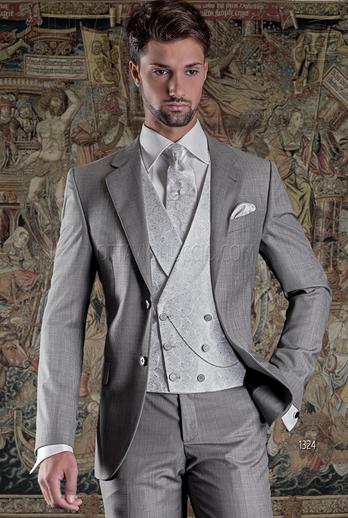 ONGala 1324 - Abito classico da sposo grigio chiaro con gilet doppio petto in seta