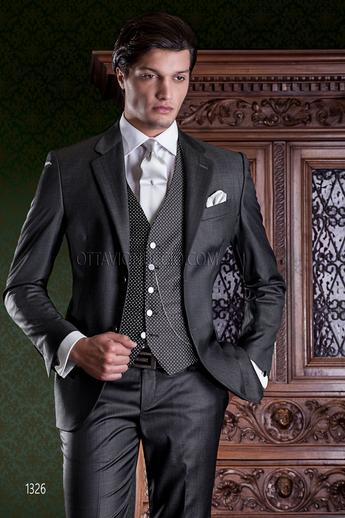 ONGala 1326 - Abito sposo classico misto lana grigio antracite con gilet in seta