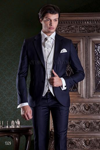 ONGala 1329 - Abito da sposo blu con ticket pocket in saglietta di pura lana