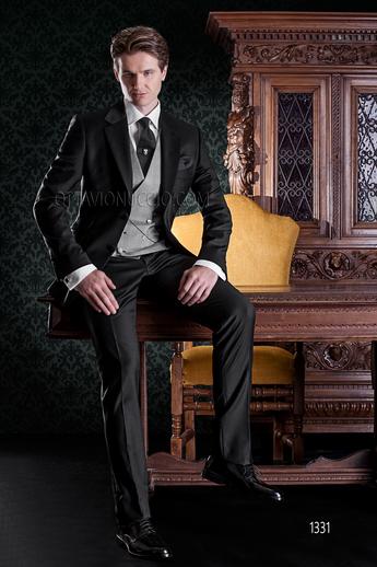 ONGala 1331 - Abito da sposo uomo nero con gilet sciallato