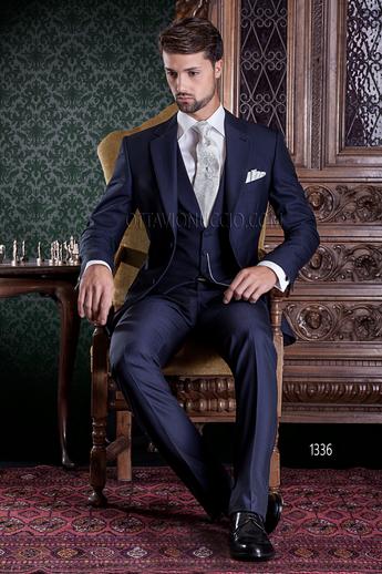 ONGala 1336 - Abito da sposo blu e gilet sciallato in lana mohair
